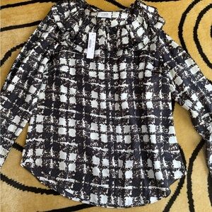 J. Crew Black and White Ruffled Long Sleeve Blouse